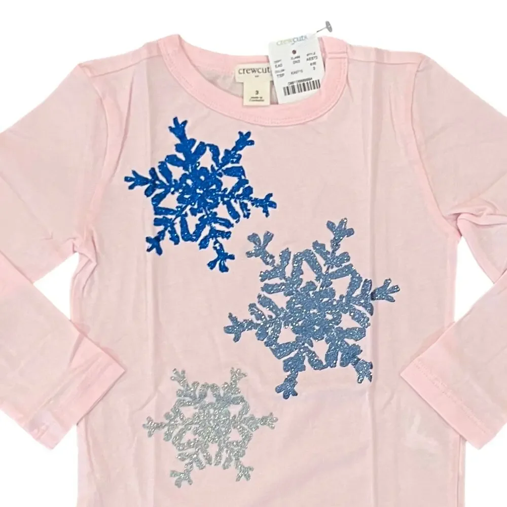 **NWT J. Crew Girls' Pink W/Blue & Silver Glitter Snowflakes Graphic Tee